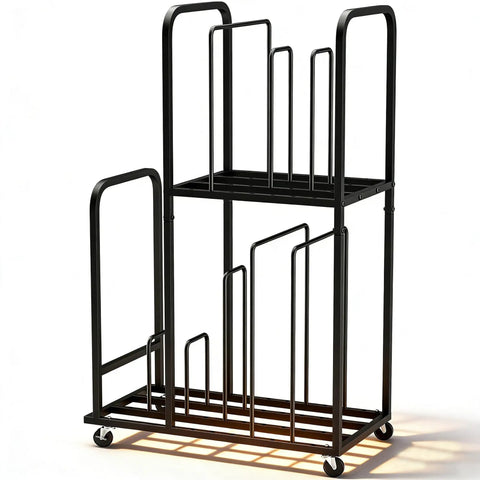Two Tier Mobile Carton Cart With Eight Adjustable Dividers Rolling Packing Station in black metal with wheels for easy transport.