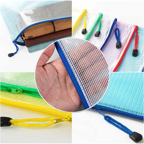 Slick Clear Plastic Zipper Document Bags Pack of Fifteen in Five Bright Shades With No Sweat Closure and Handy Wrist Loop for Receipts Checks Paperwork and All Your Gear, showcasing colorful zippers and hand-held use.