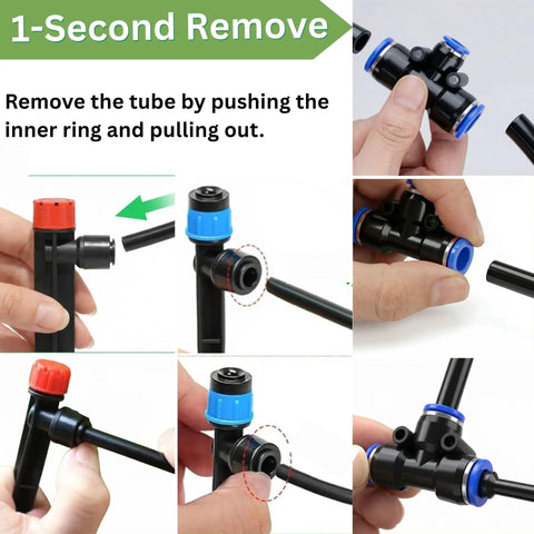 Hands showing quick connect fittings for Three In One Drip Irrigation Kit For Garden And Greenhouse, 240 Feet Of Half Inch PE Tubing.