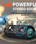 Wireless Portable Speaker With 25W Bangin Bass And Bassboom Technology IPX7 Waterproof Bluetooth Speaker TWS Pairing Built In Mic 16 Hour Playtime With Lights For Home And Outdoor Fun displayed with exposed drivers and blue LED accent.