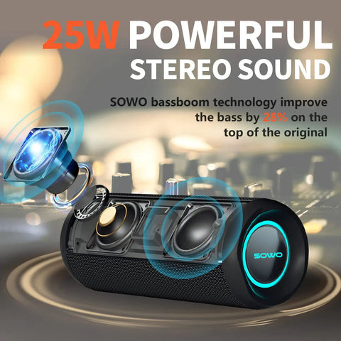 Wireless Portable Speaker With 25W Bangin Bass And Bassboom Technology IPX7 Waterproof Bluetooth Speaker TWS Pairing Built In Mic 16 Hour Playtime With Lights For Home And Outdoor Fun displayed with exposed drivers and blue LED accent.