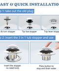 Easy installation steps for Universal Pop Up Bathtub Drain Stopper And Hair Catcher Features Smart Filter Basket That Snags All The Gunk Instantly.