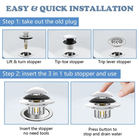 Easy installation steps for Universal Pop Up Bathtub Drain Stopper And Hair Catcher Features Smart Filter Basket That Snags All The Gunk Instantly.