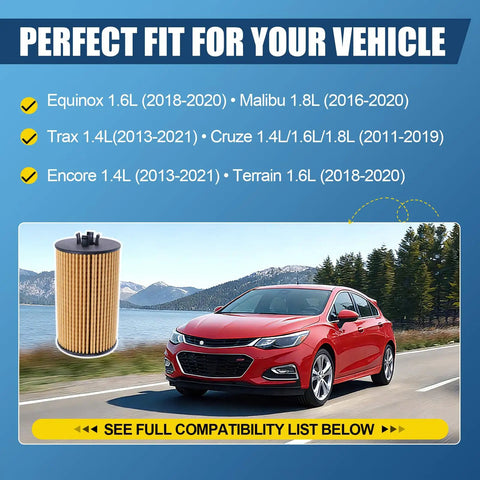Engine Oil Filter Replacement PF2257G for Chevy Cruze 2010-2019 next to red car on highway