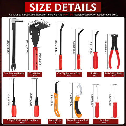 12 Piece Nail Puller And Trim Removal Tool Kit Including End Cutting Pliers Baseboard Tool Cat's Paw Nail Puller Car Clip Remover Tools Pry Bar Staple Remover Tool Carpet Cutter And Hook Tools For DIY Auto And Home Repair size chart