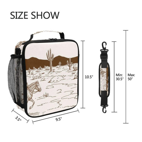 Insulated Kids Lunch Bag For Outdoor Camping Large Capacity Fits Lunch Boxes Water Bottles Snacks And Fruit 10.5x9.5x3.5 Inches With Tough 300D Oxford Cloth And Aluminum Lining, desert design, size dimensions shown