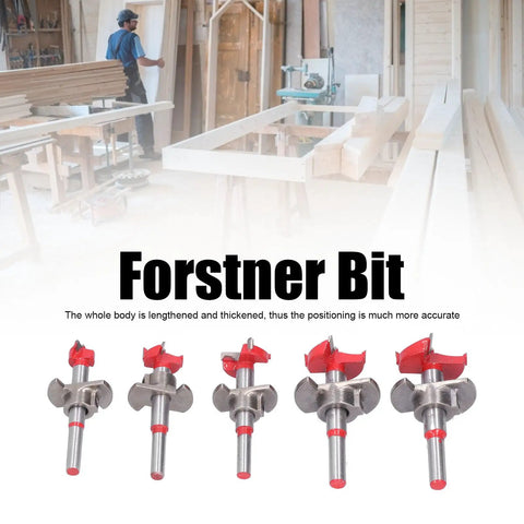 Top Shelf Forstner Drill Bit Kit for Precision Woodworking with five hole cutters showing sizes and strong alloy material.