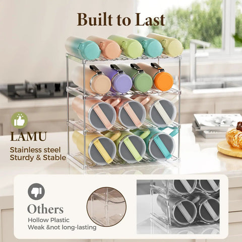 Colorful tumblers on stackable water bottle organizer rack for cabinet storage with multi tier tumbler holder and anti slip grooves.