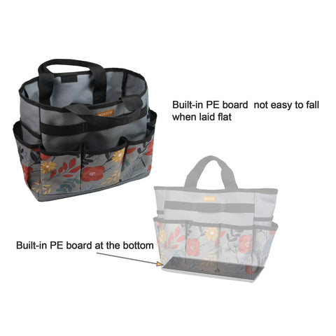 Floral Garden Tool Tote Organizer Bag with 8 roomy pockets, durable 600D Oxford exterior, reinforced bottom for stability