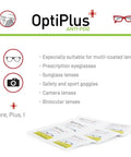 Front view: OptiPlus Anti-Fog Lens Wipes packets for eyeglasses, sunglasses, and camera lenses; drugstore Amazon brand