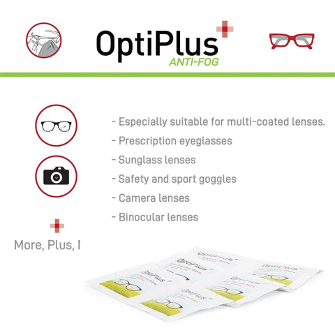 Front view: OptiPlus Anti-Fog Lens Wipes packets for eyeglasses, sunglasses, and camera lenses; drugstore Amazon brand