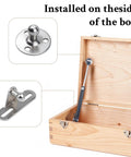 2 Pack Soft Close Toy Box Hinges With Gas Strut Heavy Duty Lid Support installed on wooden box, showing components