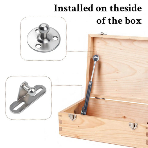 2 Pack Soft Close Toy Box Hinges With Gas Strut Heavy Duty Lid Support installed on wooden box, showing components