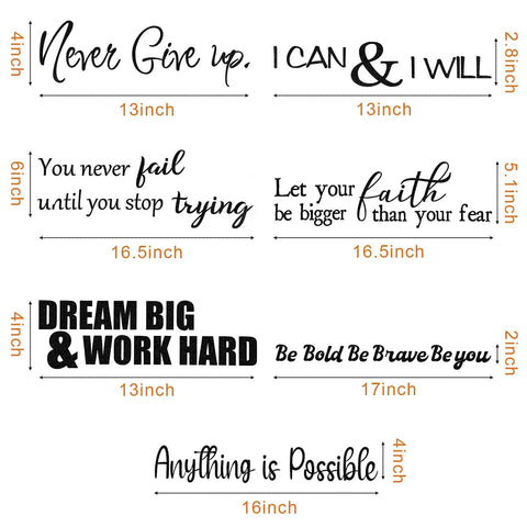 Five Sheets Peel And Stick Vinyl Wall Decals With Seven Inspirational Quotes For Mirrors And Rooms To Boost Good Vibes In Your Bedroom Classroom And Office Decor Never Give Up, showing quotes and dimensions.