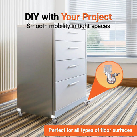 Metal cabinet on Heavy Duty 2 Inch Side Mount Caster Wheels With Brake, Ultra Quiet Ball Bearing Swivel Casters, set on carpet.