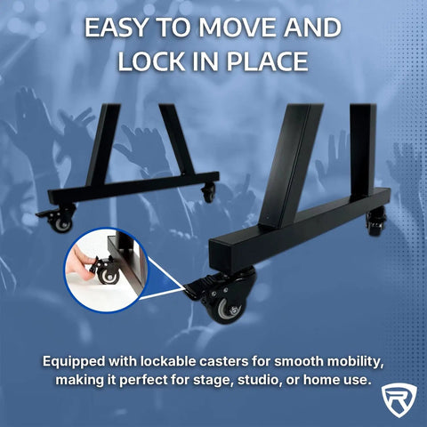 Heavy-Duty Dual-Tier Keyboard Stand With Locking Wheels, close-up of lockable casters for mobility