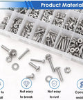 Hella Tough 304 Stainless Steel Machine Screws And Bolts Assortment Kit With Phillips Pan Head Nuts And Flat Washers For Diy Auto Repair Or Professional Garage Builds in organized plastic bin.