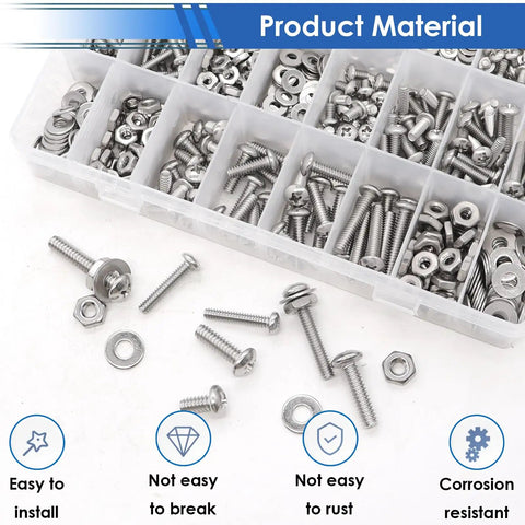 Hella Tough 304 Stainless Steel Machine Screws And Bolts Assortment Kit With Phillips Pan Head Nuts And Flat Washers For Diy Auto Repair Or Professional Garage Builds in organized plastic bin.