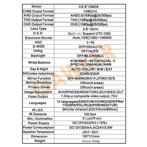 Specifications of Dome Cam 1080P 4 in 1 HD TVI AHD CVI CVBS True Day Night IP66 Weatherproof including lens type and power supply