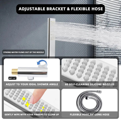 Solid Brass Handheld Shower Head With Arc Design High Pressure Chrome Finish Easy Install Wand Adjustable Supply Elbow Wall Connector With 59 Inch Stainless Steel Hose Set And Shower Holder showing adjustable bracket and flexible hose details