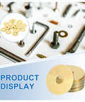 Precision Engineered Heavy Duty 58 Pack Brass Flat Washers M5 displayed with various fasteners and screws on white background.