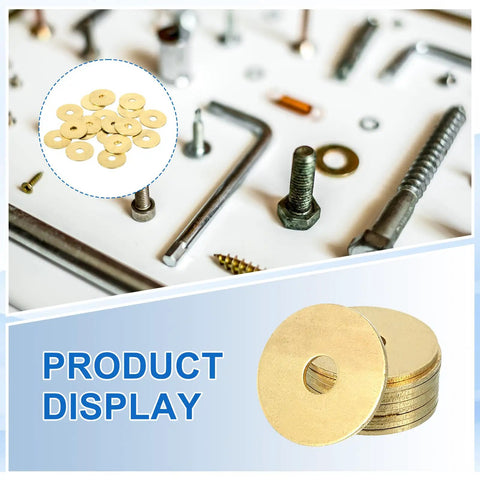 Precision Engineered Heavy Duty 58 Pack Brass Flat Washers M5 displayed with various fasteners and screws on white background.