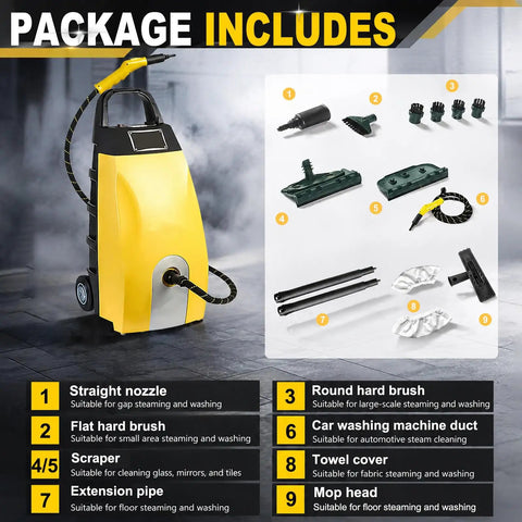 Get Your Place Sparkling With This Badass 3000w High Pressure Steam Cleaner. Featuring A Massive 3.5 Liter Tank For Mega Steam Power Up To 110 Degrees C And Super Fast Heating. Includes various cleaning tools.