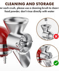 Front view of grain mill attachment for KitchenAid stand mixer; silver metal body for grinding dry grains