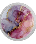 Four Pack Of One Point Three Seven Inch Round Cabinet Knobs Pink Marble Slick White Design Premium Glass Build Durable Stainless Steel Screws Included Top Shelf Kitchen Drawer Pulls Smooth Dresser Handles Fresh Home Decor Upgrade For Any Room with pink and gold marbled design.
