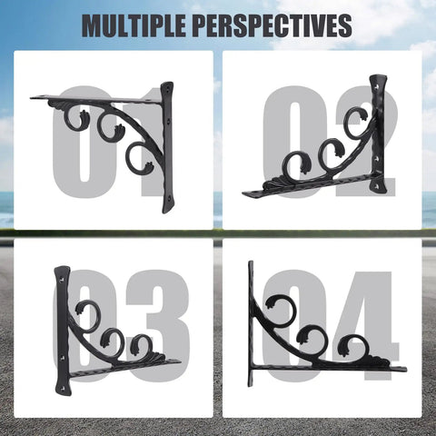 2 Pack Wall Mounted L Shaped Shelf Brackets Space Saving Heavy Duty Angle Supports for wall display, four perspectives.