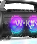 Party-Ready 120W Bluetooth Speaker With IPX6 Waterproof Build, LED lights, visible dual subwoofers, splashing water effect