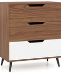 Knockout Rustic Farmhouse Three Drawer Dresser Heavy Duty Wooden Storage Chest with Smooth Gliding Drawers in Brown White.