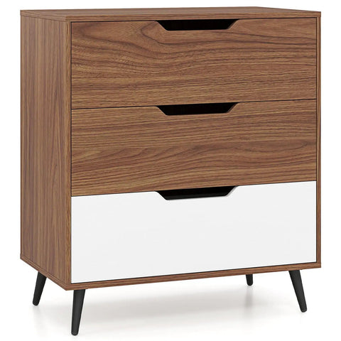 Knockout Rustic Farmhouse Three Drawer Dresser Heavy Duty Wooden Storage Chest with Smooth Gliding Drawers in Brown White.