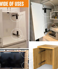 12 Inch Pocket Door Slide System 2 Pack Cabinet Conversion Hardware Kit shown in various uses on cabinets and furniture.