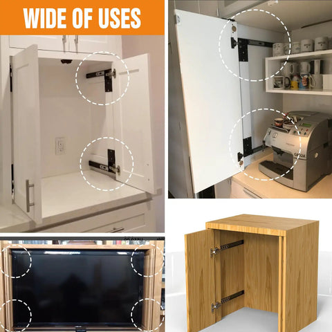 12 Inch Pocket Door Slide System 2 Pack Cabinet Conversion Hardware Kit shown in various uses on cabinets and furniture.