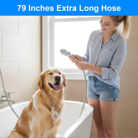 Woman using Extra Long 79 Inch Stainless Steel Shower Hose With Anti Kink Flex Handheld Hose for pet bathing in bathroom.