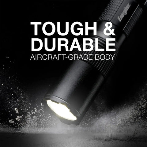 Tac 1AA LED Tactical Flashlight With Clip Water Resistant EDC Light shown shining in dark, highlighting aircraft-grade aluminum body.