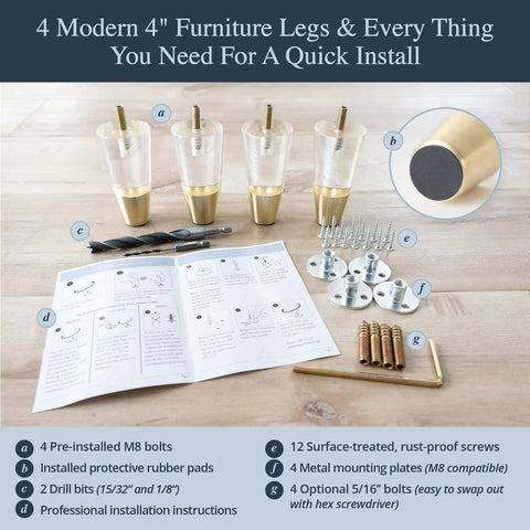Gold Cap Clear Acrylic Furniture Legs Set Of 4 With Mid Century Style for Table Dresser Cabinet Easy Install Hardware Included