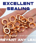 Hand holding 20 pcs copper oil drain plug gasket crush washer set for Nissan Infiniti 13mm outer diameter, excellent sealing.
