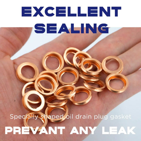 Hand holding 20 pcs copper oil drain plug gasket crush washer set for Nissan Infiniti 13mm outer diameter, excellent sealing.