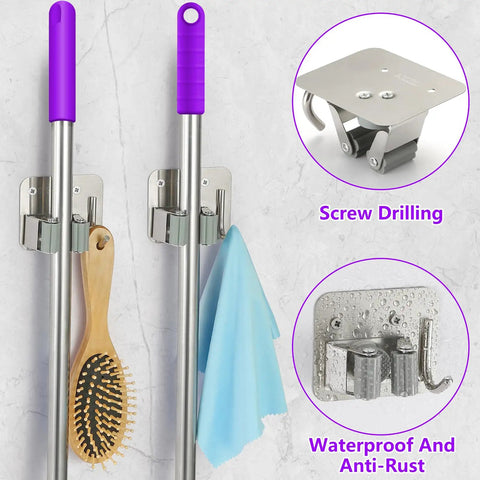 Sturdy Stainless Steel Mop Broom Wall Mount Organizer Rack With Four Gripper Positions And Hooks Heavy Duty in use
