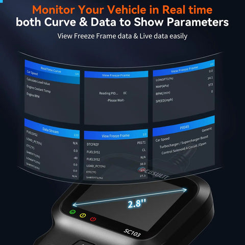 OBD2 Scanner Car Code Reader for Diagnostics and Troubleshooting displaying real-time data graphs on screen