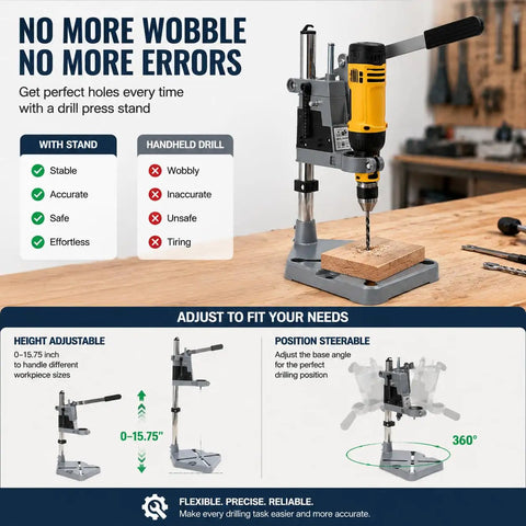 Adjustable Drill Press Stand For Hand Drill Benchtop Workstation With Precision Depth Control Scale Heavy Duty Metal Base stable setup with drill
