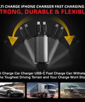 Hella Quick Retractable Car Charger Featuring Four USB C Ports And 120 Watt Output, compact design showcasing durability and flexibility.