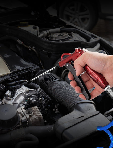 High Volume Air Blow Gun With Powerful Flow Nozzle, Retro Red Air Blower Gun in use with 4.9 Inch Stainless Steel Extension, automotive