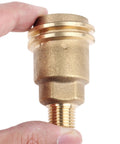 Solid Brass Propane Quick Connect Hose Fitting Adapter With One Quarter Inch Male Pipe Thread Converts QCC1 Type 1 Nut To POL Female Heavy Duty Gas Hose Adapter For Grills And Heaters No-Wrench Installation close-up view in hand.