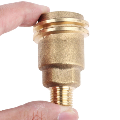 Solid Brass Propane Quick Connect Hose Fitting Adapter With One Quarter Inch Male Pipe Thread Converts QCC1 Type 1 Nut To POL Female Heavy Duty Gas Hose Adapter For Grills And Heaters No-Wrench Installation close-up view in hand.