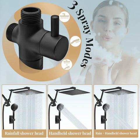 Rain Shower Head 12 Inch High Pressure Round Rainfall Shower Head Combo Pro Grade With 11 Inch Adjustable Extension Arm And 60 Inch Stainless Steel Hose Plus 5 Settings Handheld Shower Head Anti Leak Chrome Finish with spray modes.