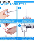 Bore hole gauge set, six-piece telescoping bore gauges with lock, silver metal, instructional infographic
