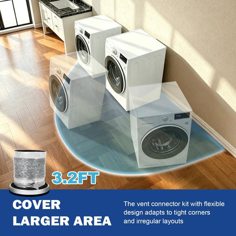 Magnetic Dryer Vent Connector Kit illustrating flexibility with 3.2 ft hose in laundry room tight spaces.